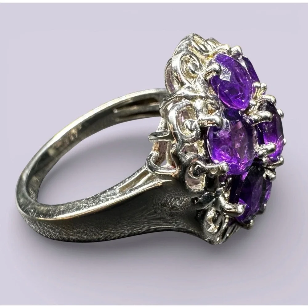 Sterling Silver‎ STS Karis Purple Gemstone Cluster Filigree Statement Ring 6.75